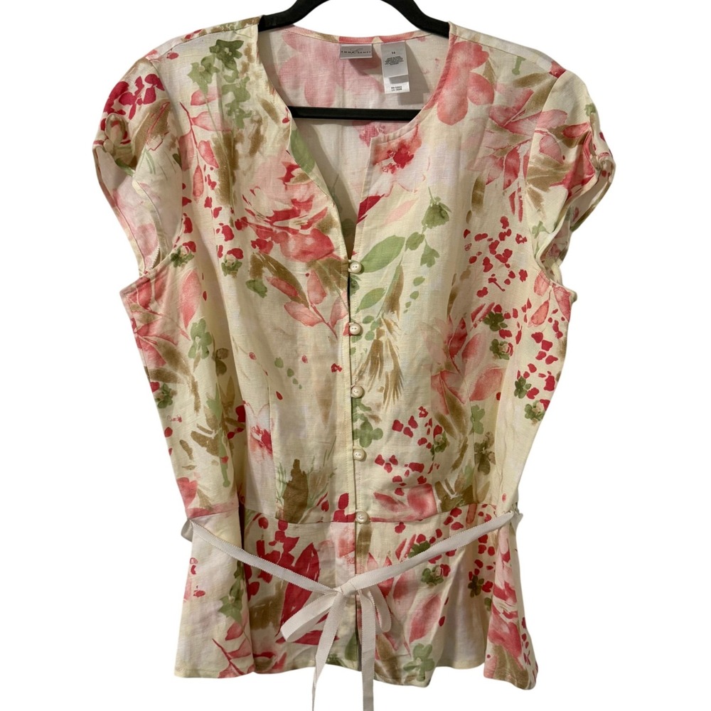 Emma‎ James Top Womens 14 Floral Linen Blend Button Front Romantic Shabby Chic